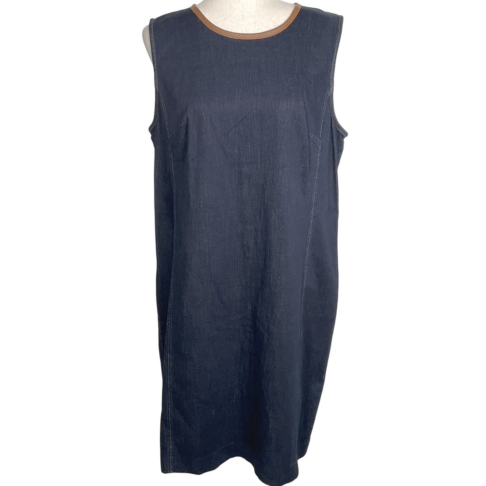Lauren Ralph Lauren Dress Women 14 Blue Denim Shift Leather Classic Casual